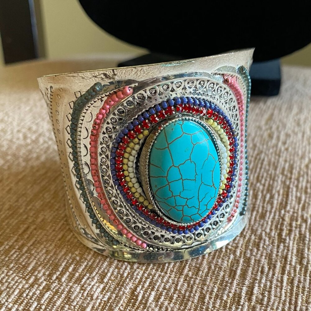 Silver and turquoise beaded cuff bracelet